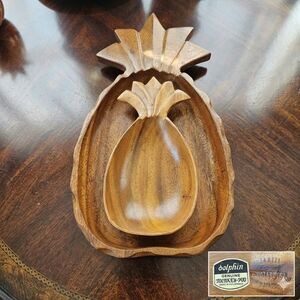Vintage Monkeypod Pineapple Dishes - Set of 2 - Hand Carved Tiki MCM